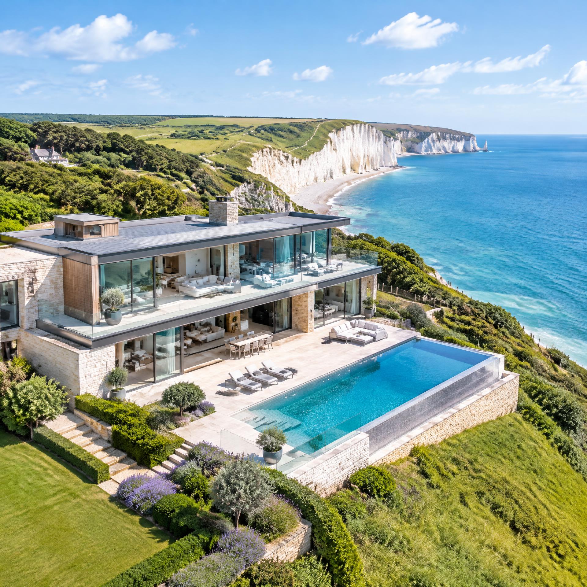 Aerial view of a contemporary luxury property on the Dorset coast in clear daylight